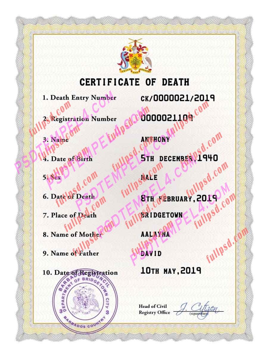 Barbados death certificate psd