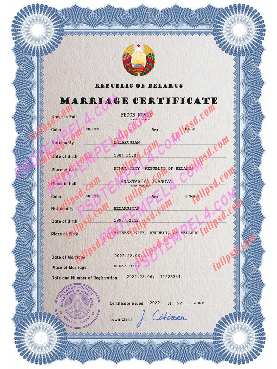 Belarus marriage certificate psd
