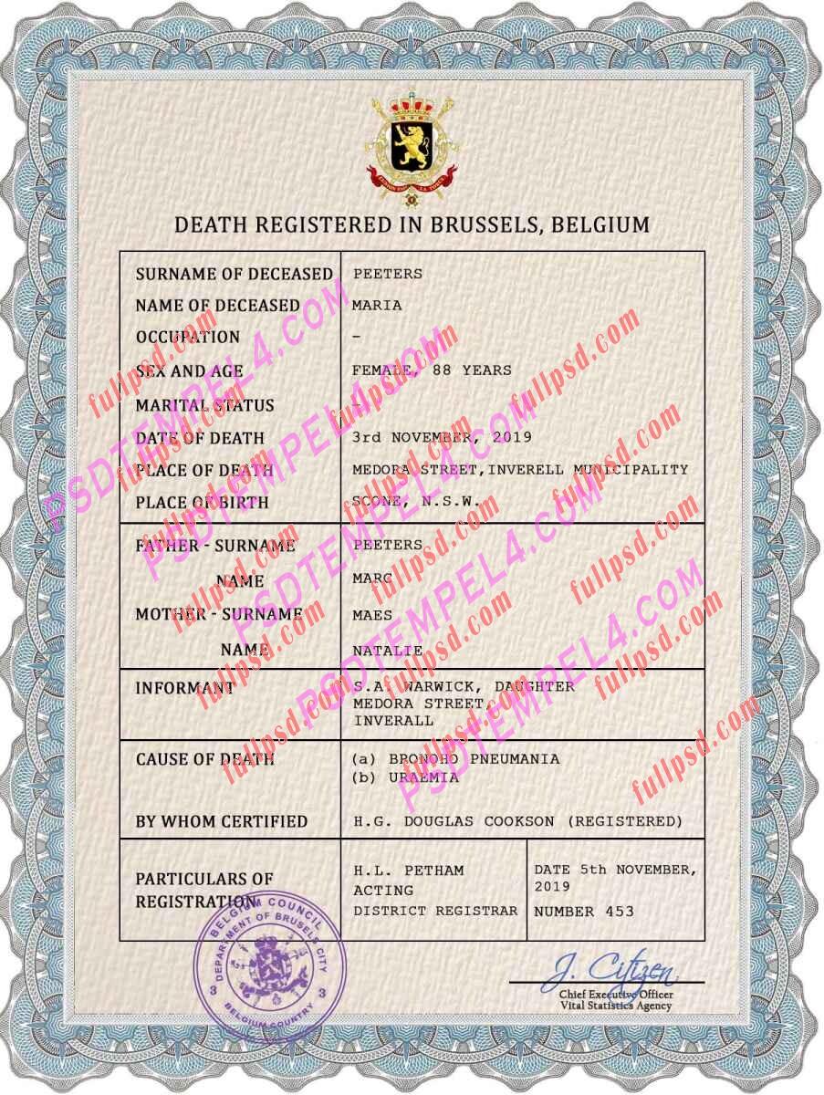 Belgium death certificate psd