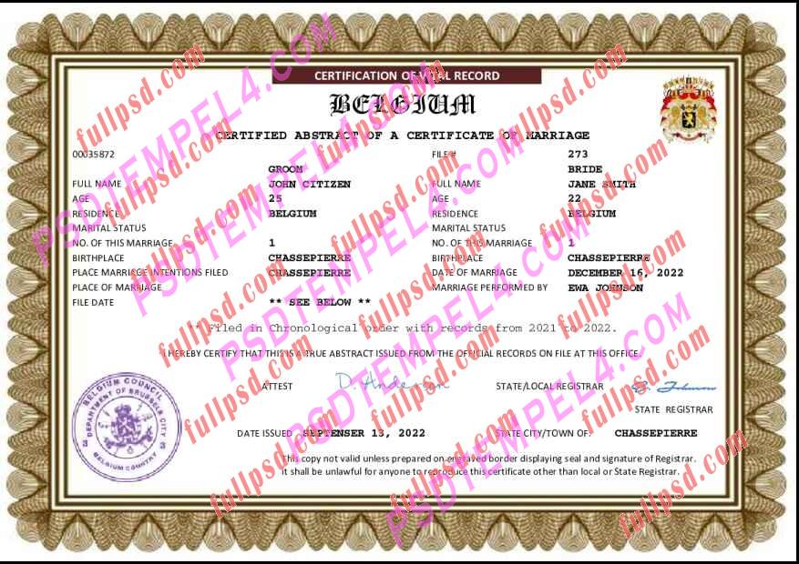 Belgium marriage certificate pdf and word