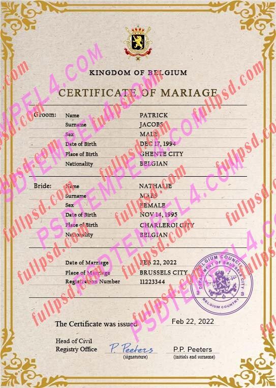Belgium marriage certificate psd