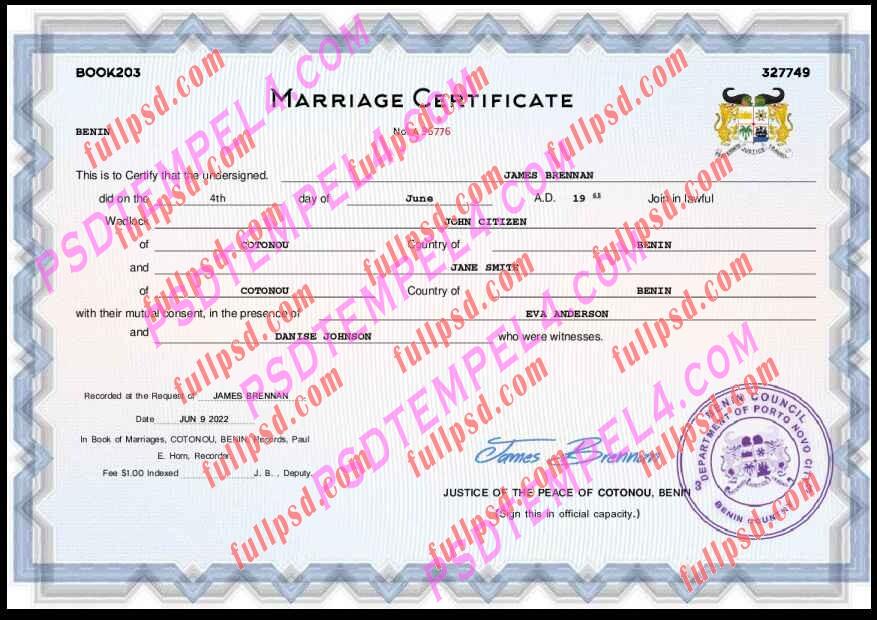 Benin marriage certificate pdf and word