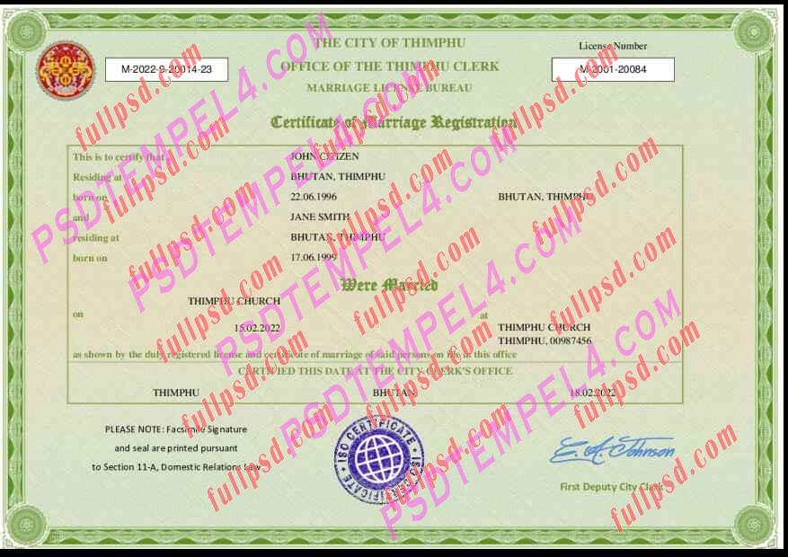 Bhutan marriage certificate pdf and word