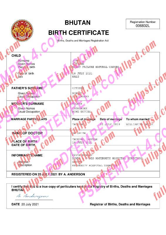 Bhutan Birth certificate pdf and word