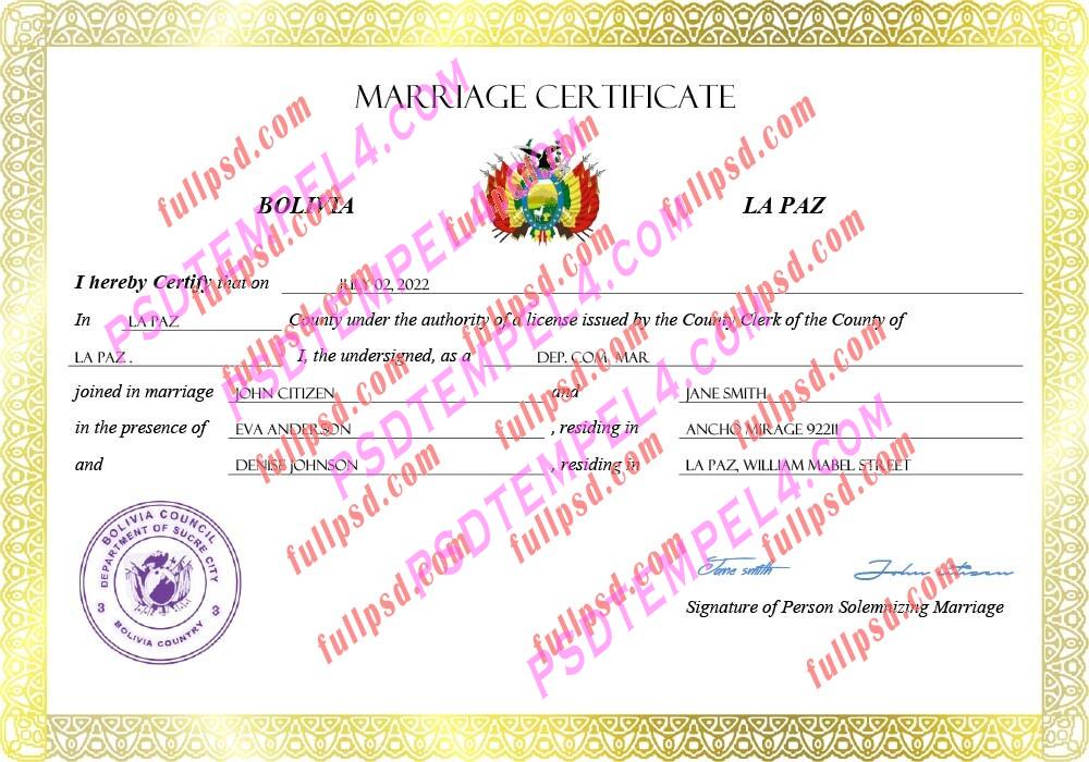 Bolivia marriage certificate pdf and word