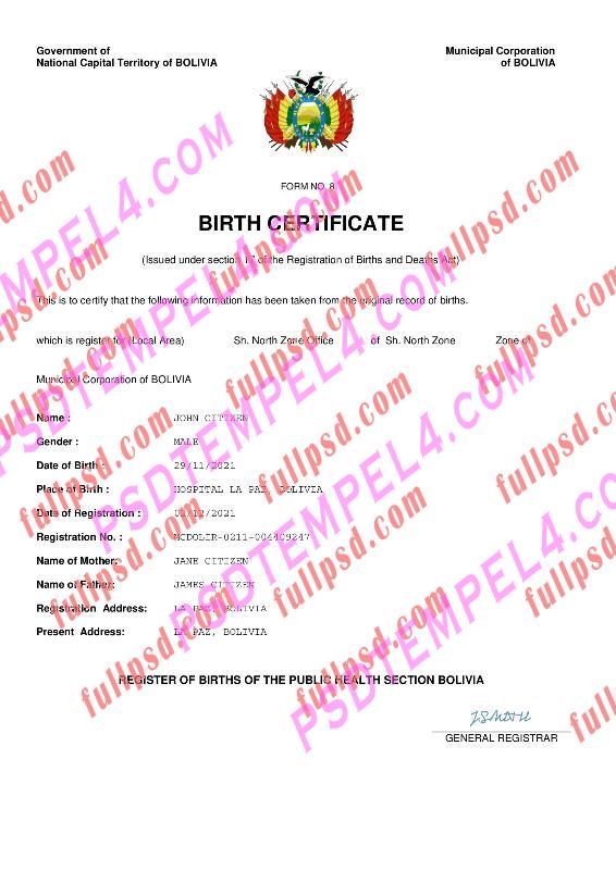 Bolivia Birth certificate pdf and word