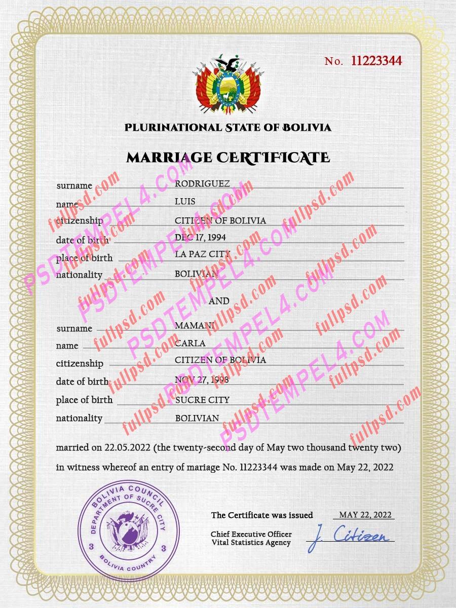 Bolivia marriage certificate psd