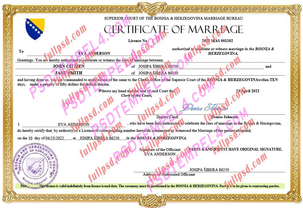 Bosnia and Herzegovina marriage certificate pdf and word