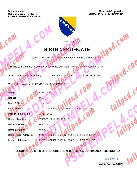 Bosnia Herzegovina Birth certificate pdf and word
