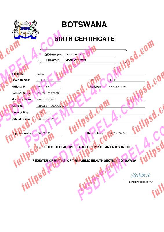 Botswana Birth certificate pdf and word