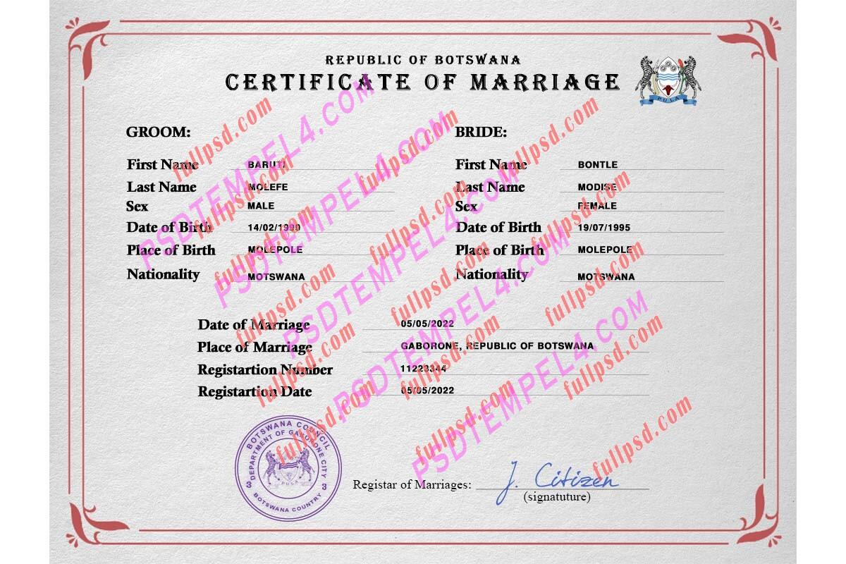 Botswana marriage certificate psd
