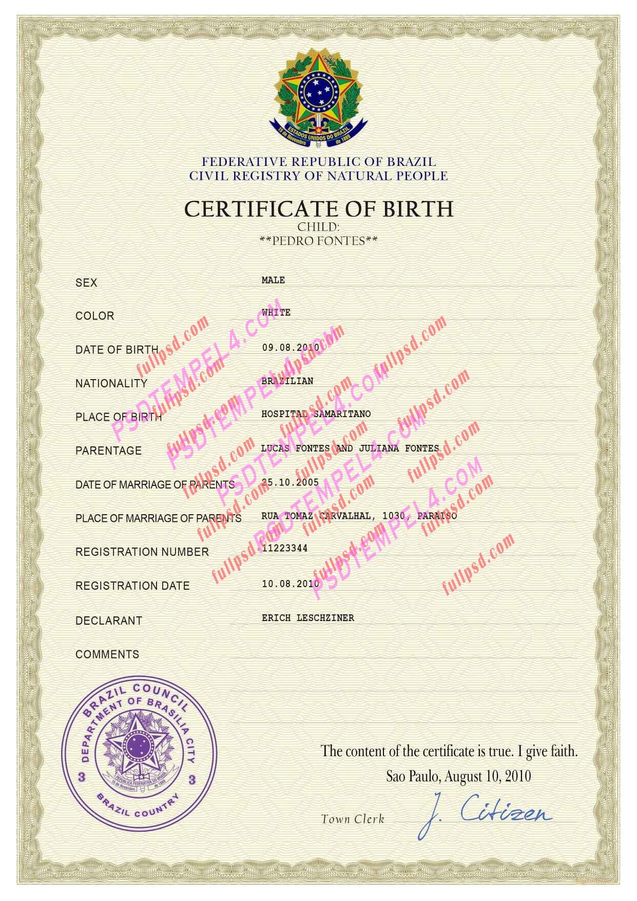 Brazil Birth certificate PSD