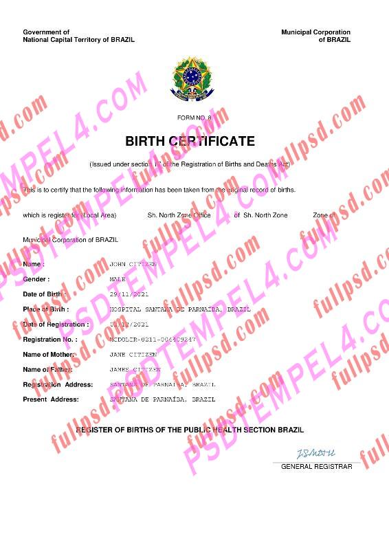 Brazil Birth certificate pdf and word