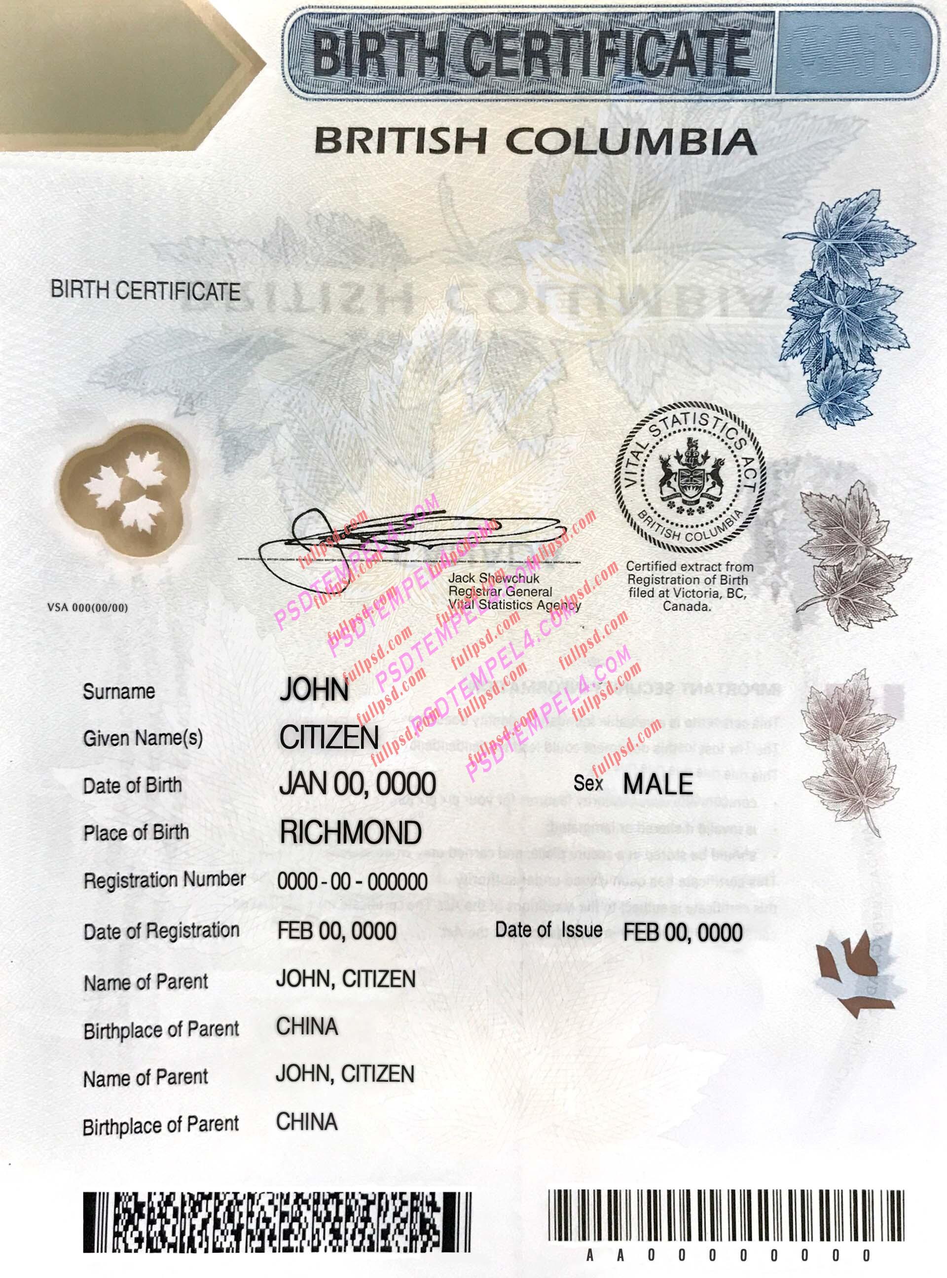 Canada British Columbia Birth certificate PSD