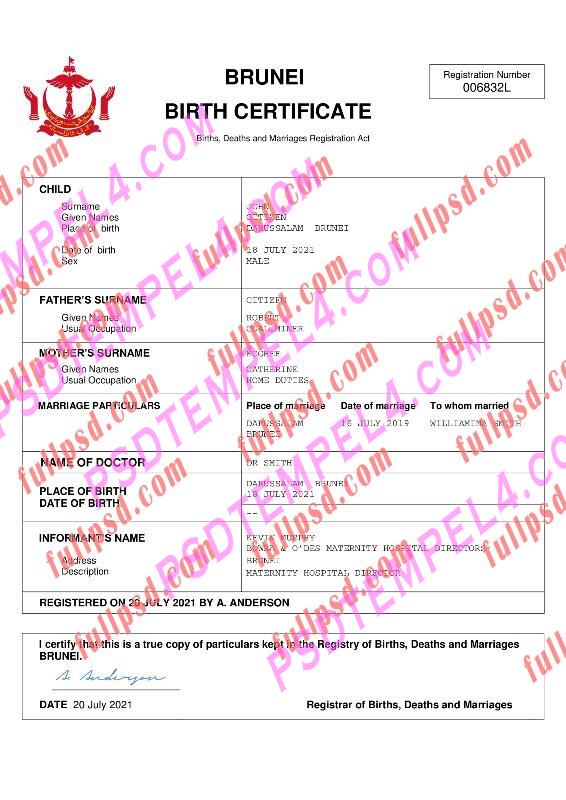 Brunei Birth certificate pdf and word