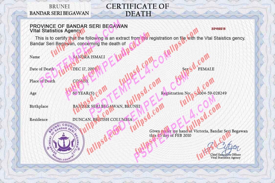 Brunei death certificate psd