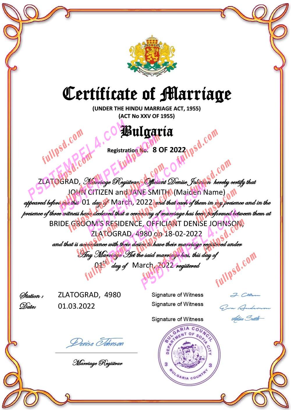 Bulgaria marriage certificate pdf and word