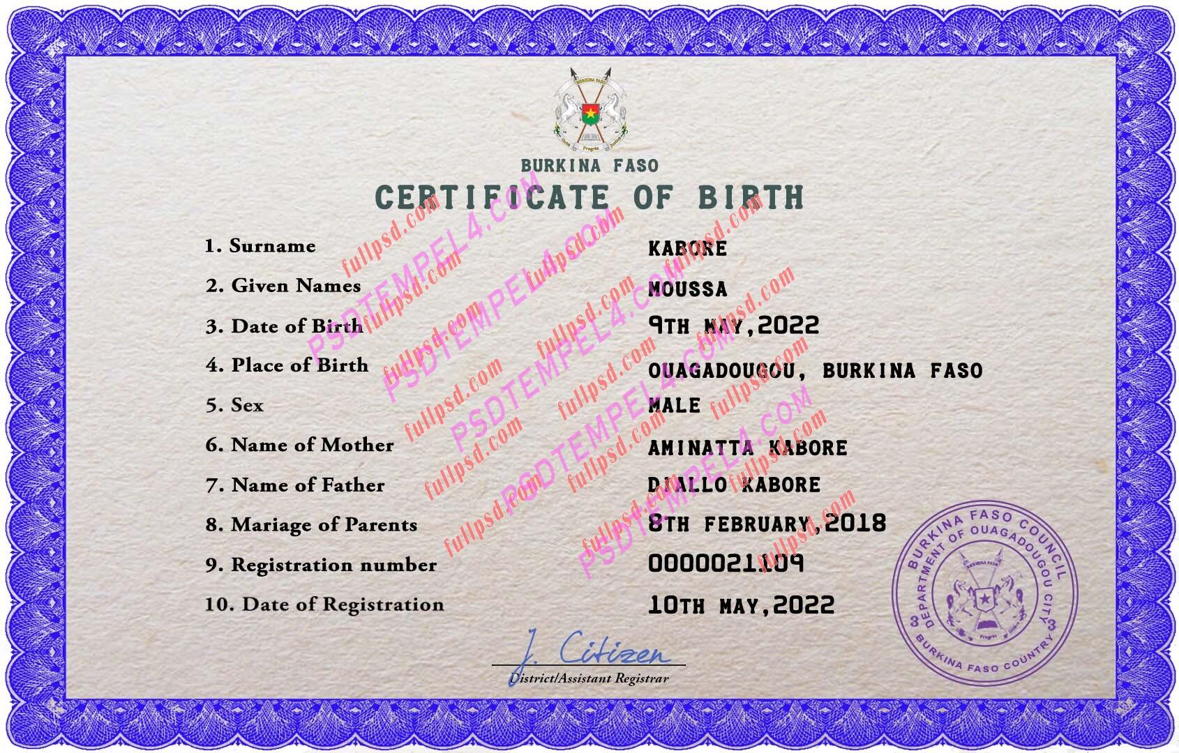 Burkina Faso Birth certificate PSD
