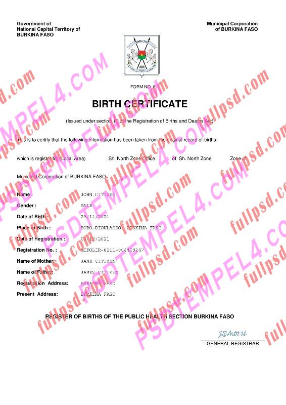 Burkina Faso Birth certificate pdf and word