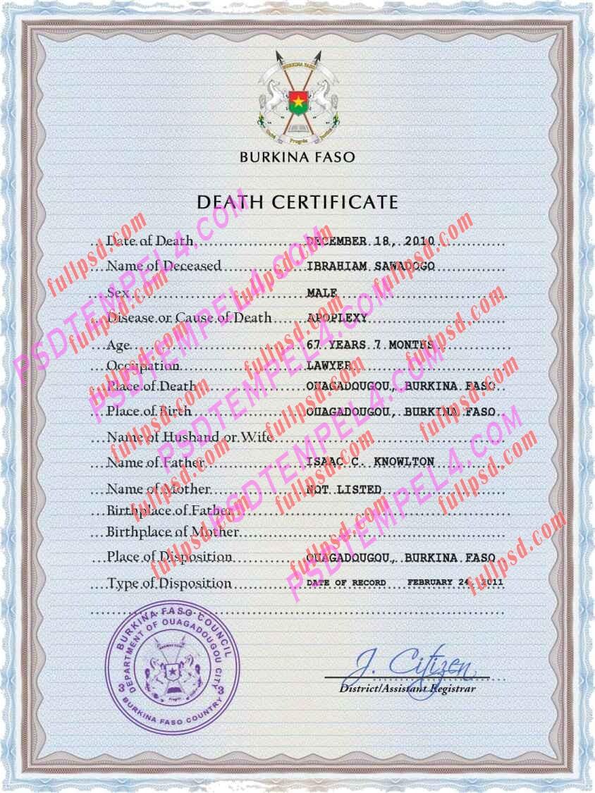 Burkina Faso death certificate psd