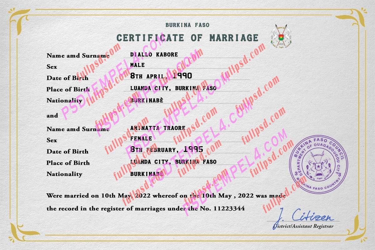 Burkina Faso marriage certificate psd