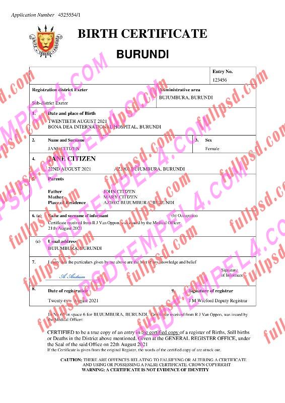 Burundi Birth certificate pdf and word