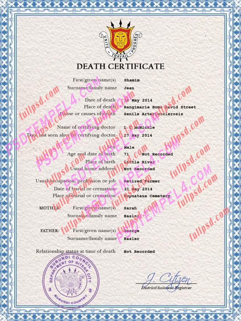 Burundi death certificate psd