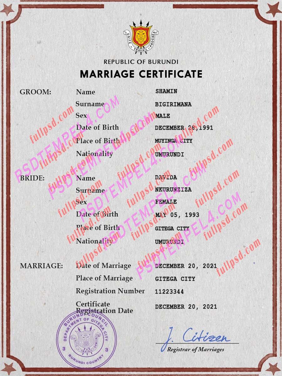 Burundi marriage certificate psd