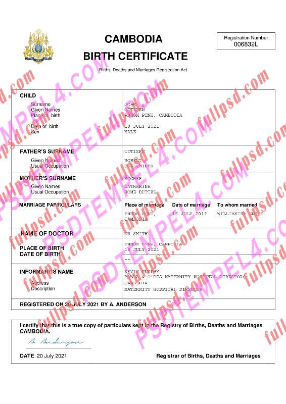 Cambodia Birth certificate pdf and word