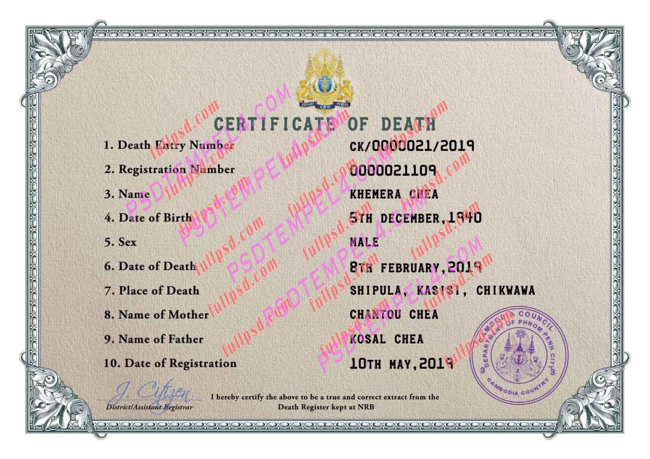 Cambodia death certificate psd