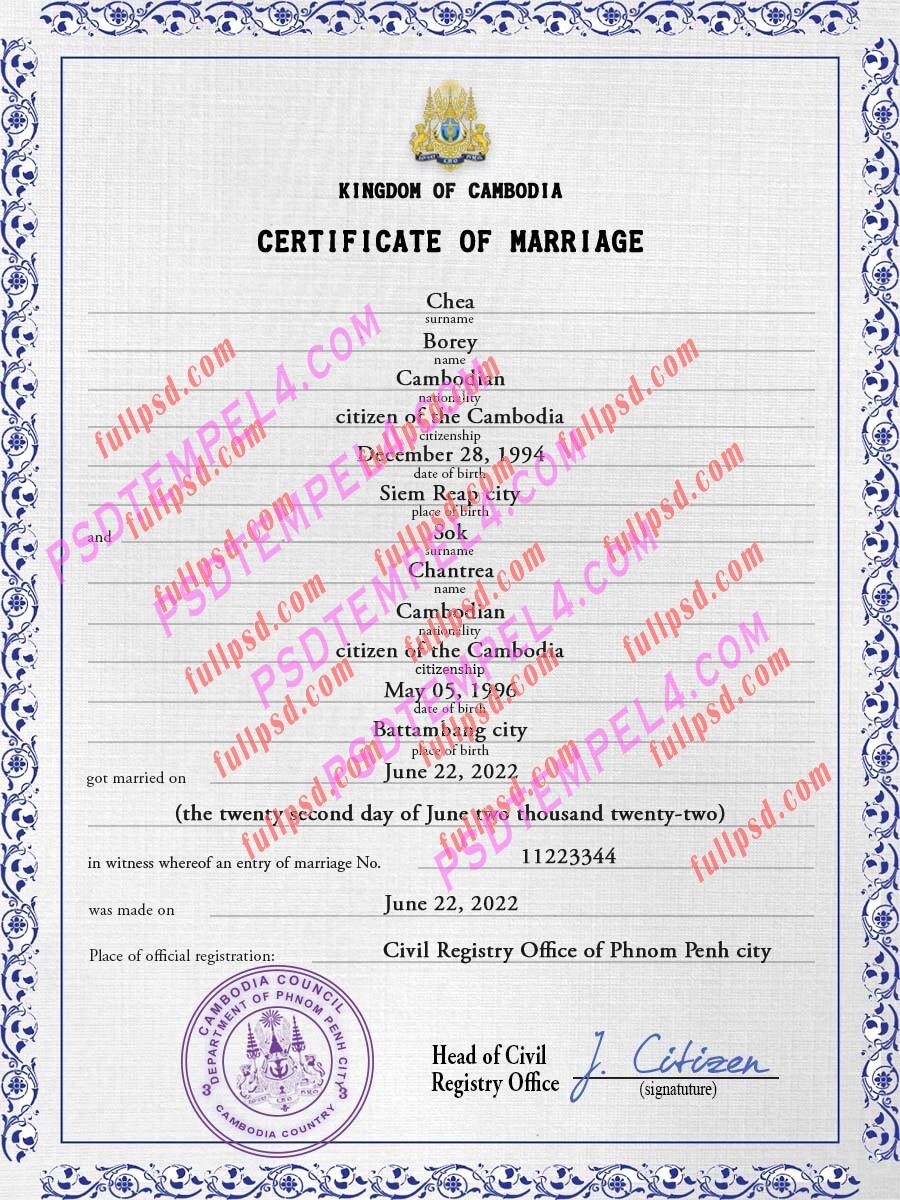 Cambodia marriage certificate psd