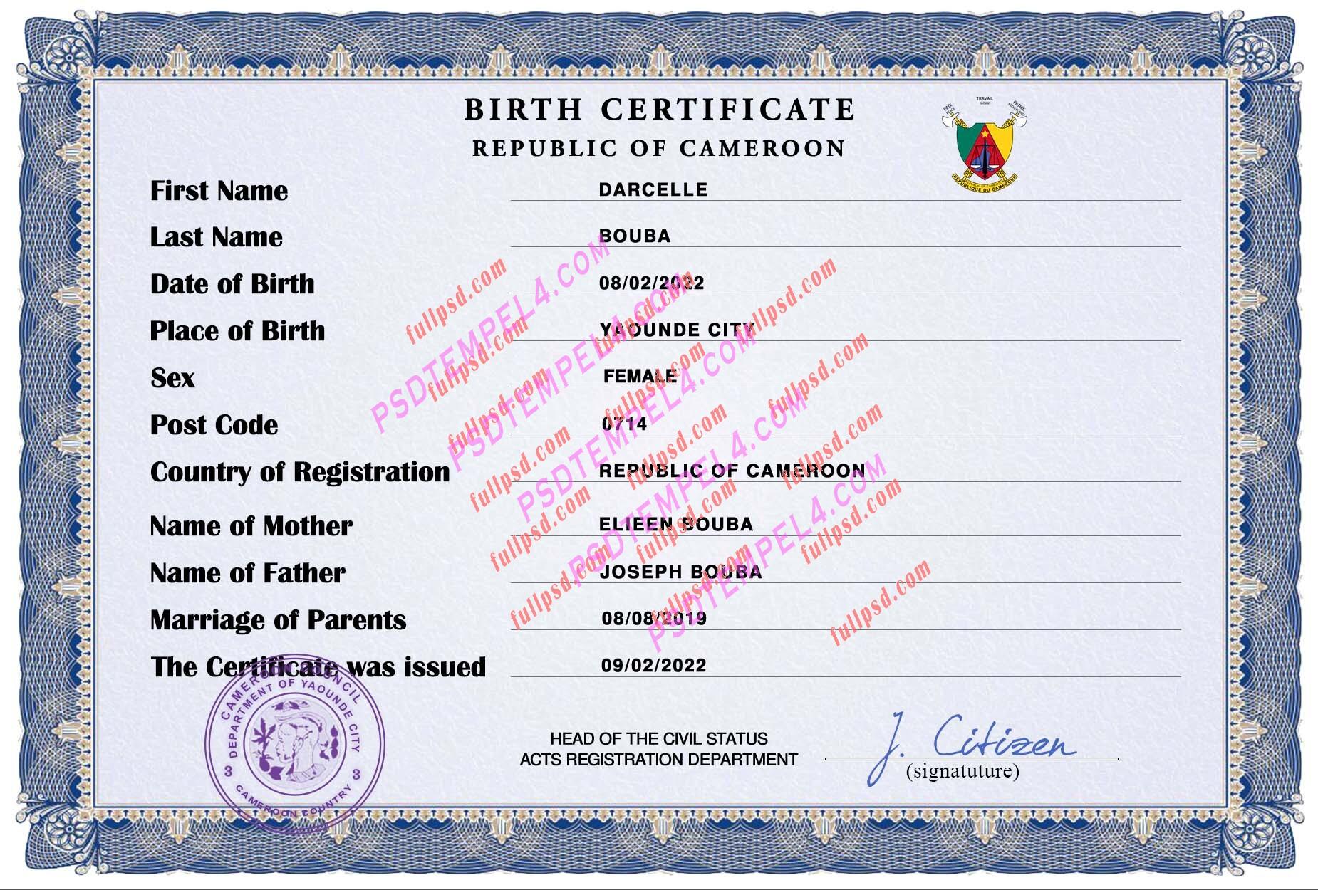 Cameroon Birth certificate PSD