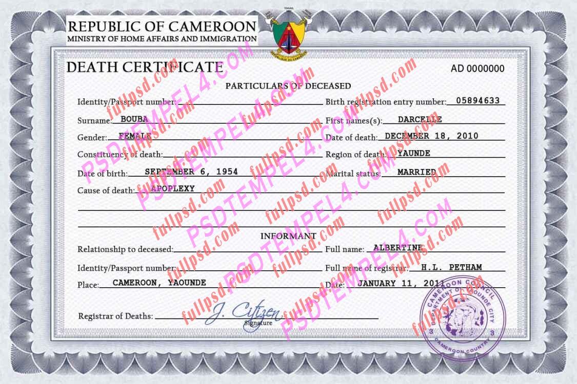 Cameroon death certificate psd