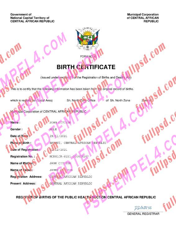 Central Affrican Republic Birth certificate pdf and word