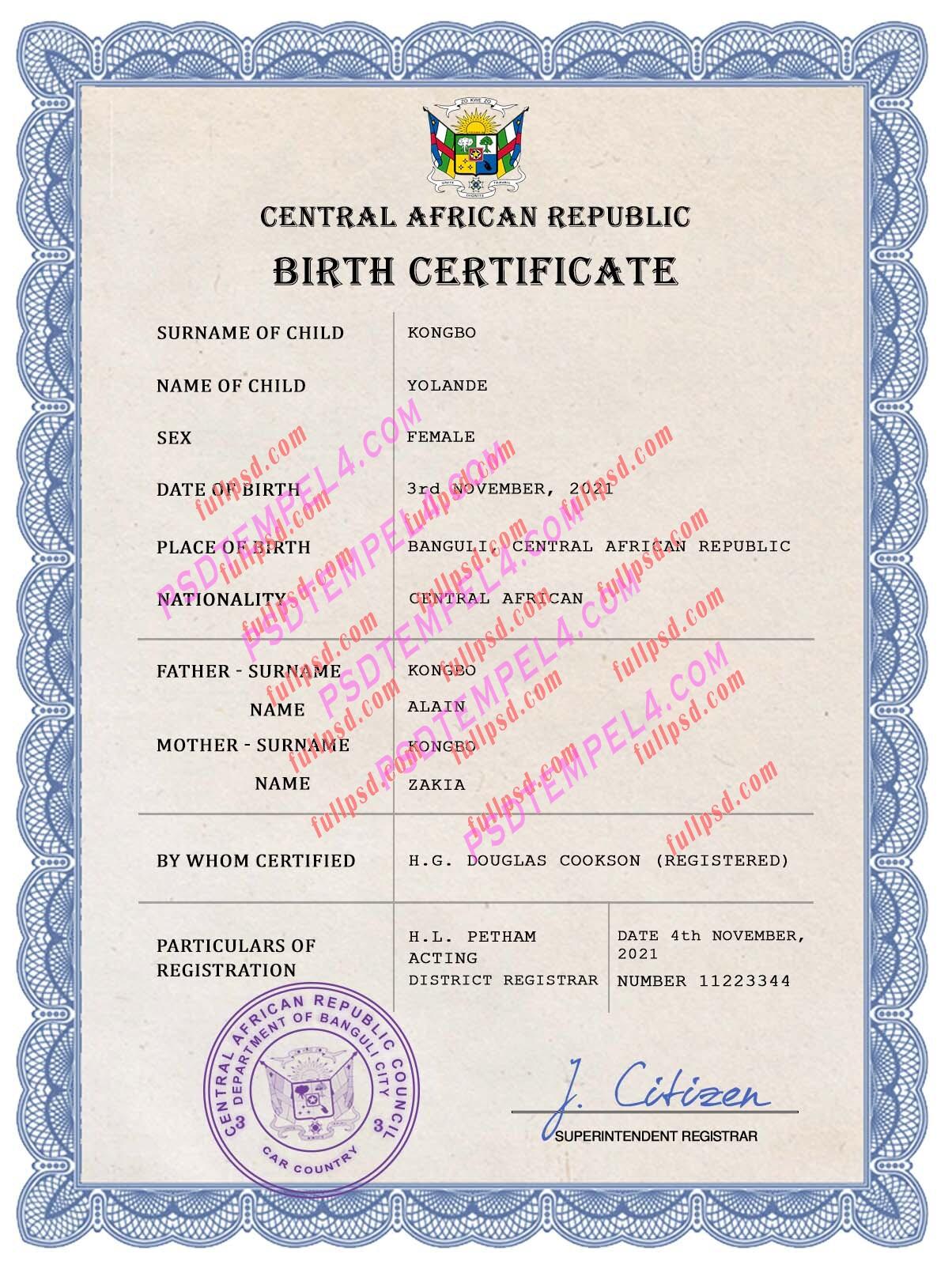 Central African Republic Birth certificate PSD