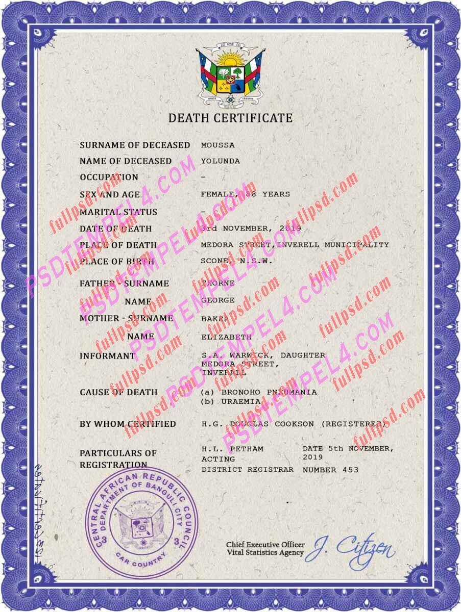Central African Republic death certificateifcate psd