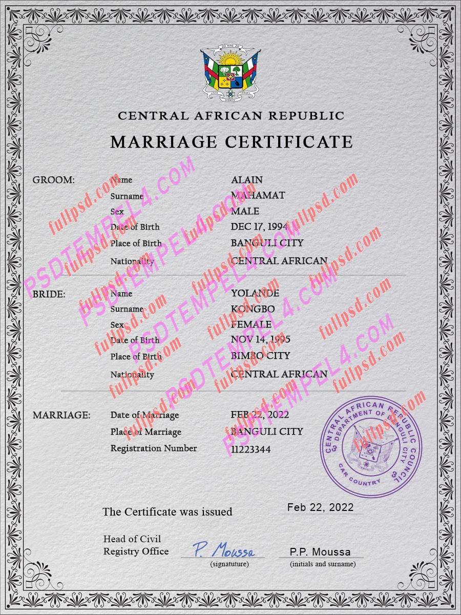 Central African Republic marriage certificate psd