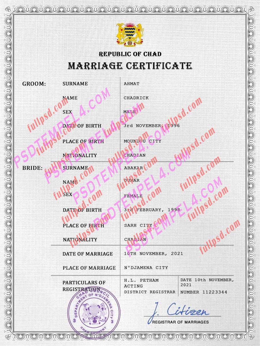 Chad marriage certificate psd