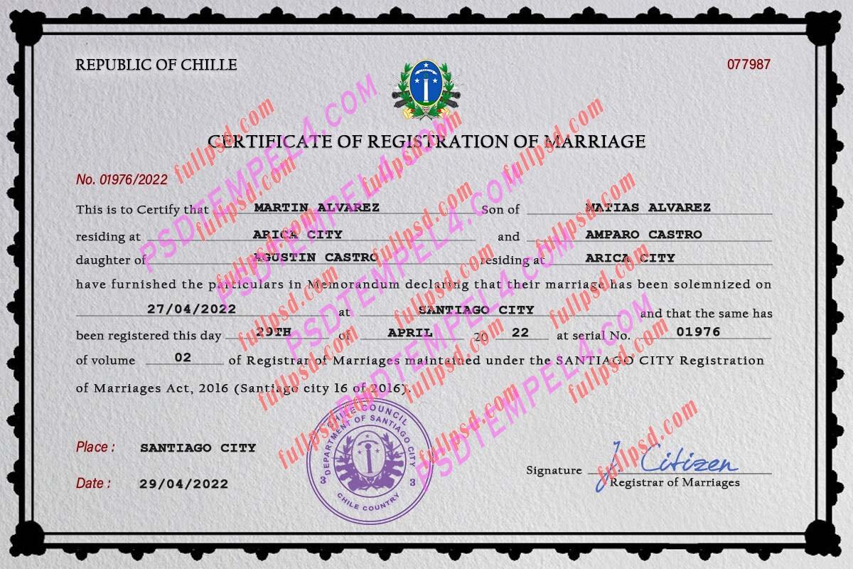 Chile marriage certificate psd