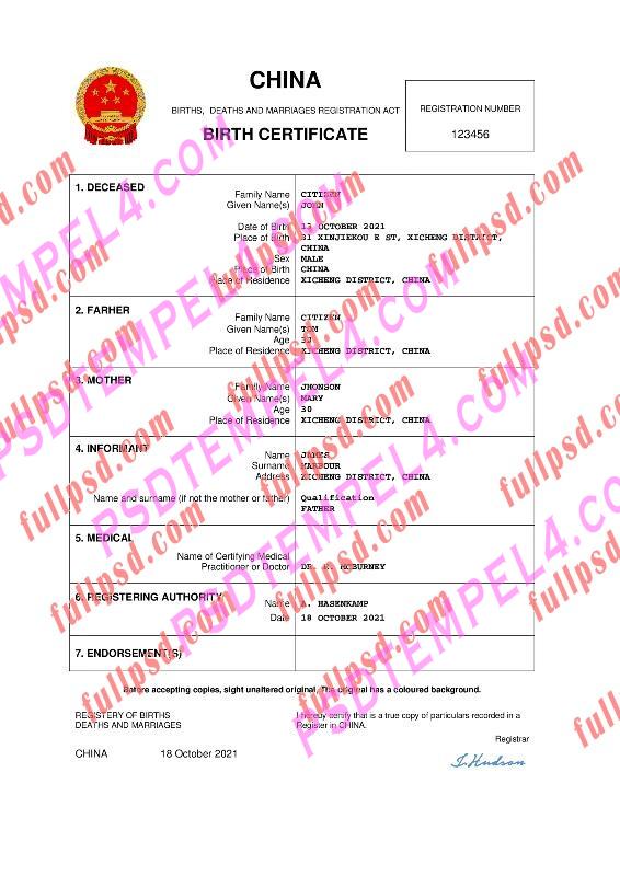China Birth certificate pdf and word