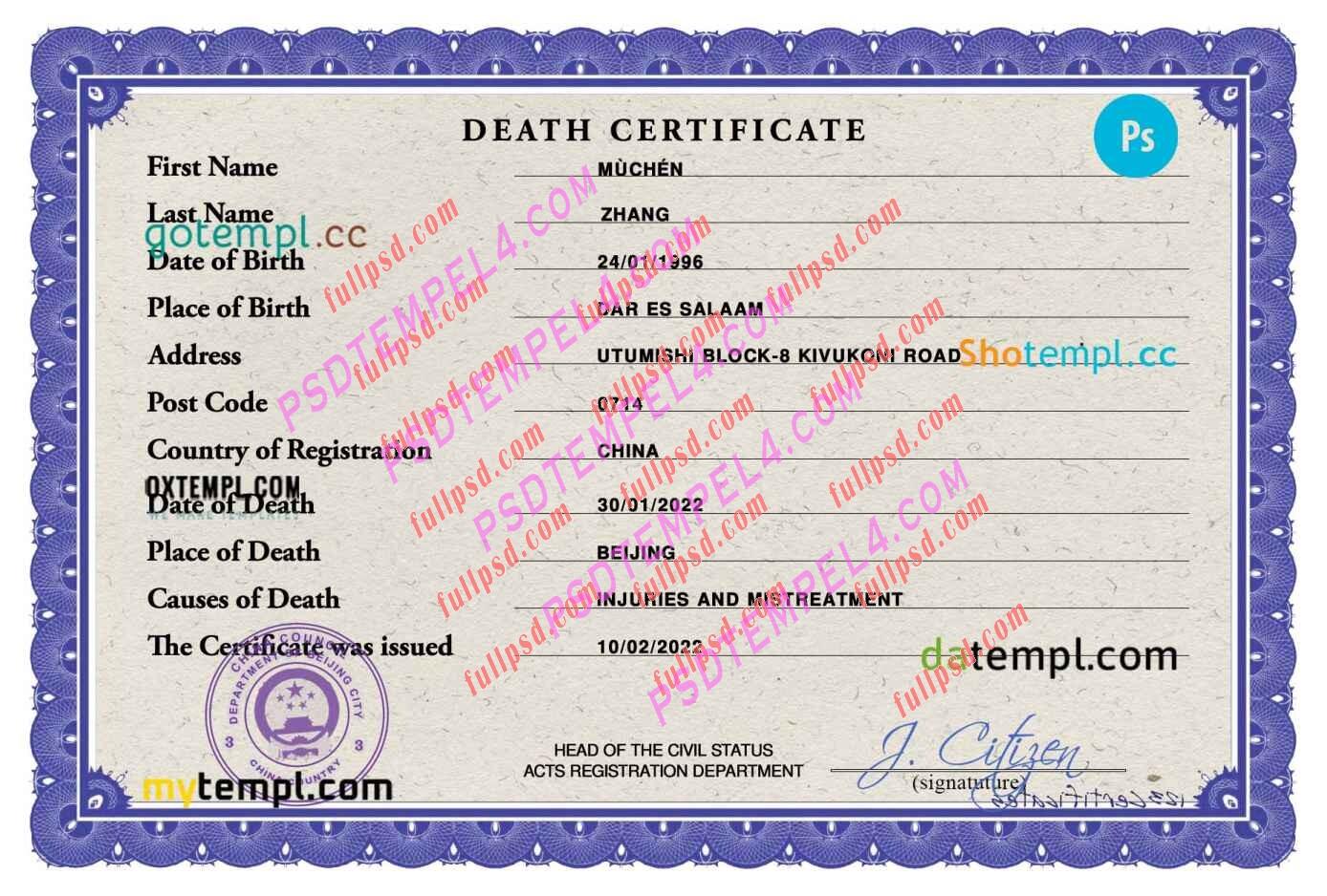 China death certificate psd