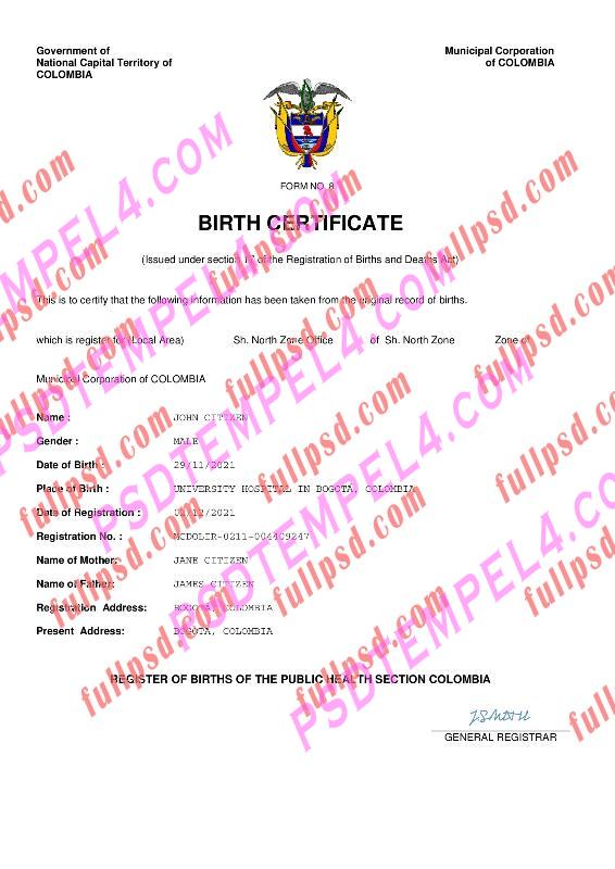 Colombia Birth certificate pdf and word