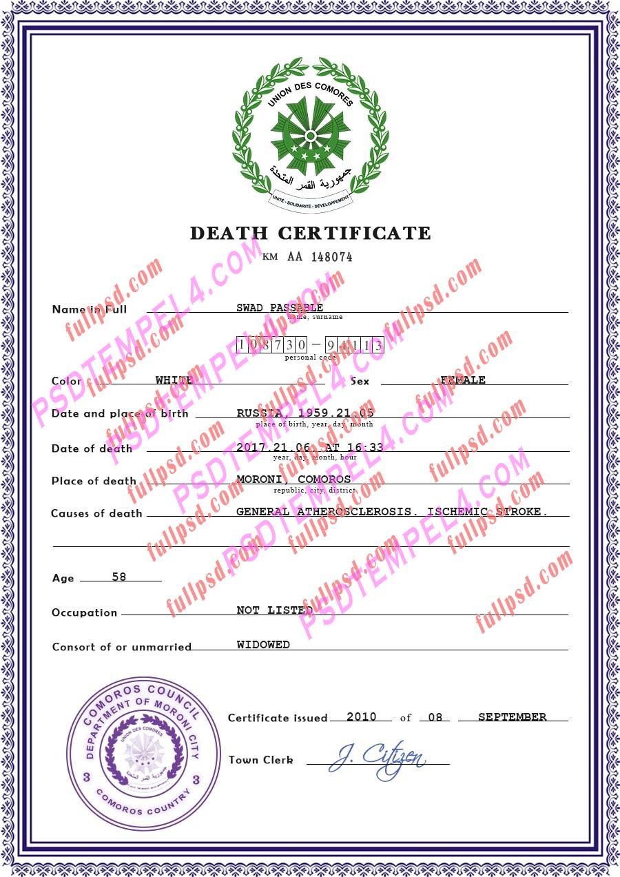 Comoros death certificate psd