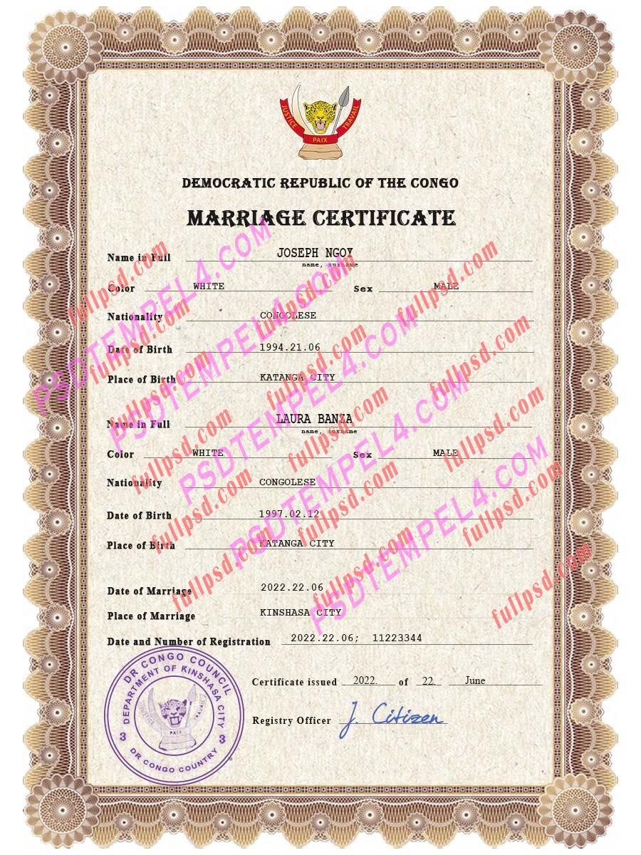 Congo Democratic Republic marriage certificate psd