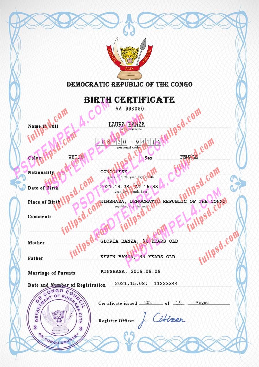 Congo Democratic Republic of the Birth certificate PSD