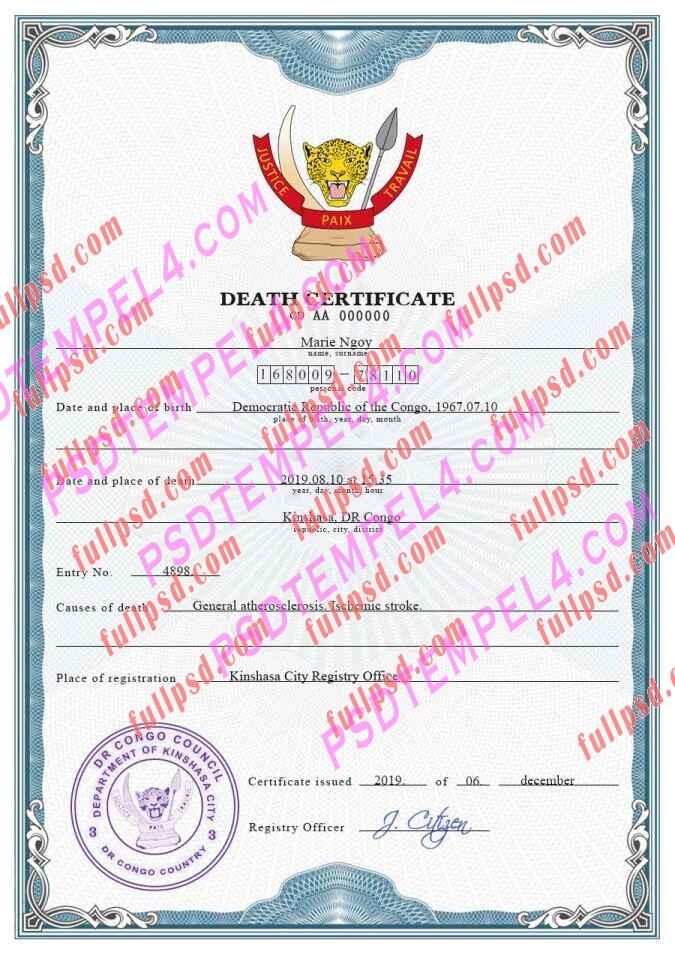 Congo Democratic Republic of the death certificate psd