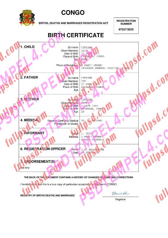 Congo Birth certificate pdf and word