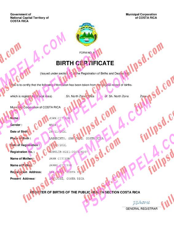 Costa Rica Birth certificate pdf and word