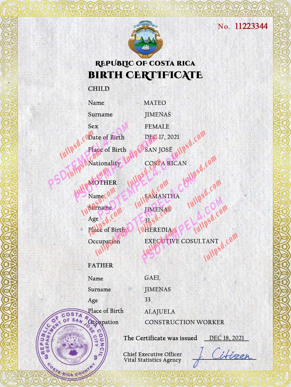 Costa Rica Birth certificate PSD