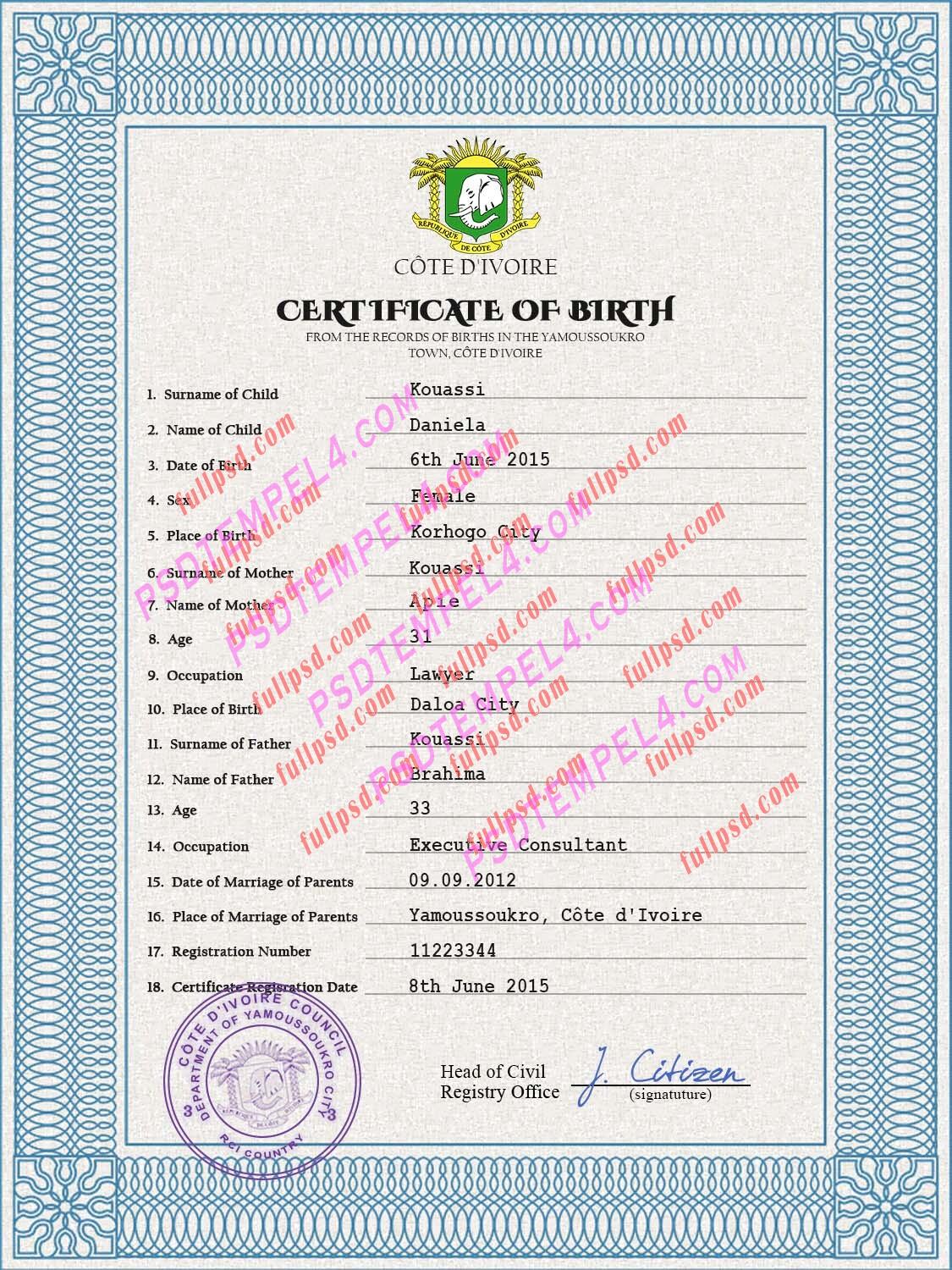 Cote dIvoire Birth certificate PSD
